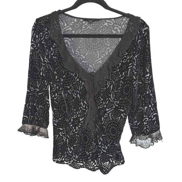 Y2K Velvet Burnout Black Beaded Witchy Whimsigoth Blouse Ruffle Office Siren - Picture 1 of 10